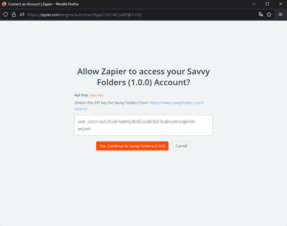 Popup asking you for your Savvy Folders API key