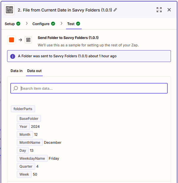 Result of testing the Savvy Folders step, showing the values returned that can be used for filing.