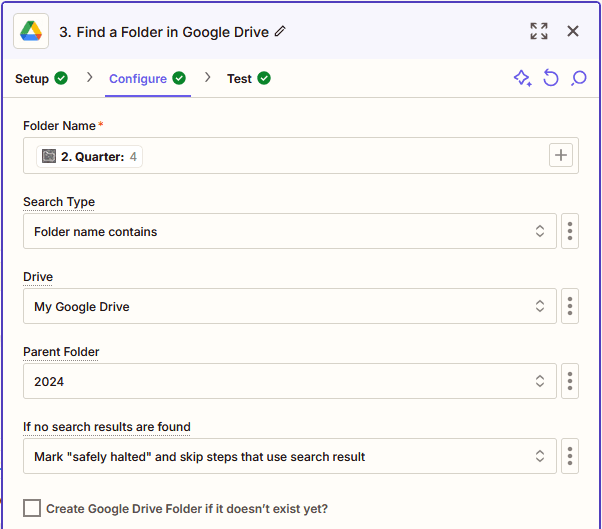 Google Drive Find a Folder configuration as discussed above.