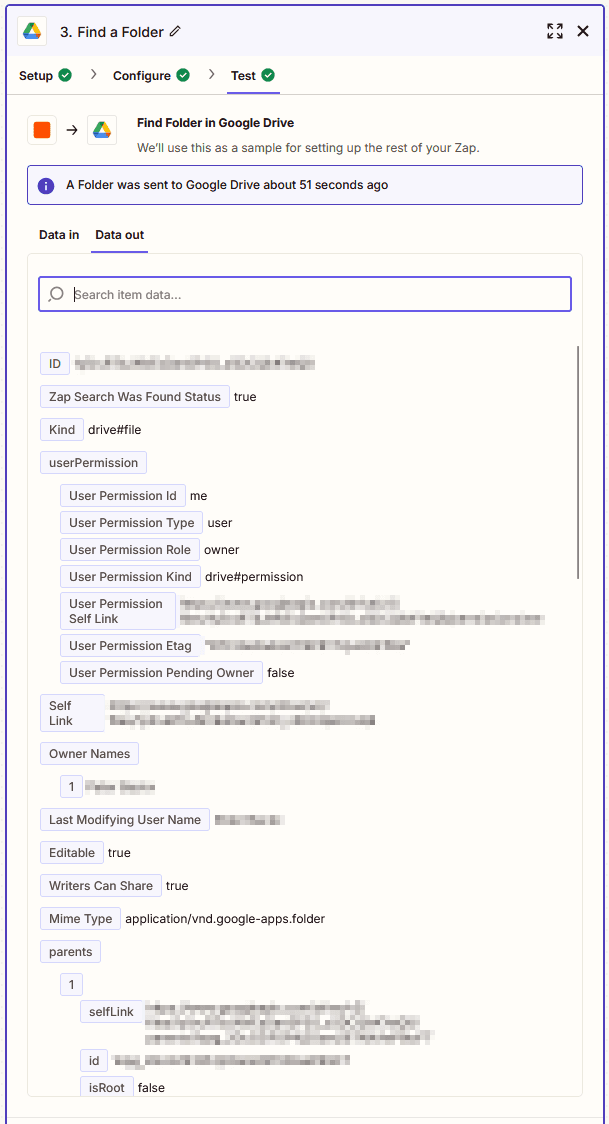 Result of the Find a Folder action, showing that the Q4 folder was found inside the 2024 folder.