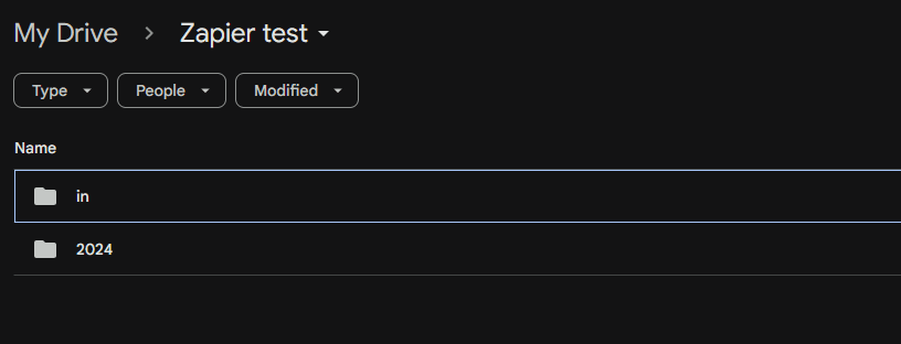 Screenshot of Google Drive showing the Zapier test folder with the input and a 2024 folder
