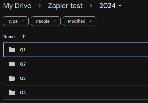Screenshot of Google Drive showing the 2024 folder with four folders inside: Q1, Q2, Q3 and Q4