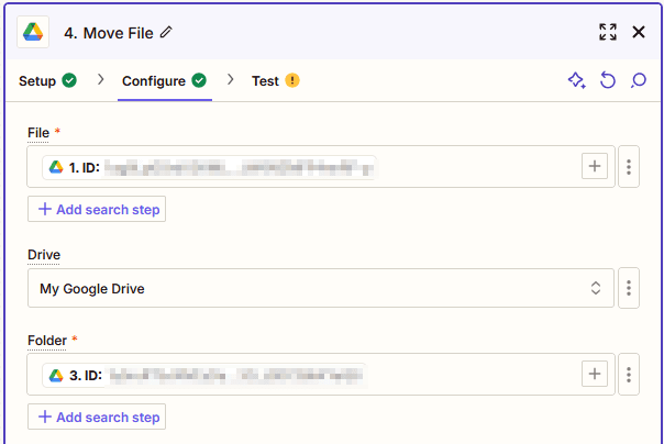 Google Drive Move File configuration with File and Folder taken from previous steps.