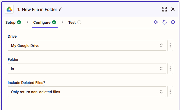 Google Drive Configure screen showing the in folder selected.