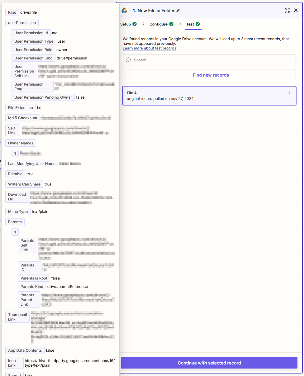 Result of testing the Google Drive step. A file shows up and details can be inspected.